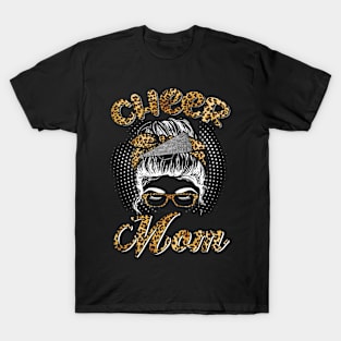 Cheer Mom Messy Hair Bun Leopard Shirt Funny Cheer Mom Shirts For Women Mothers Day T-Shirt